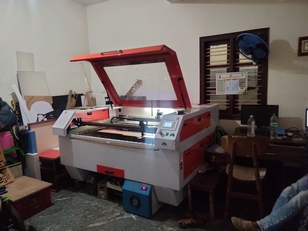 Laser cutting and engraving machine in production